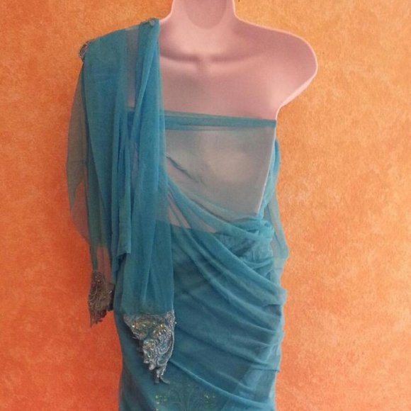 Custom Order Turquoise Lace Net Wedding Saree - Picture 3 of 8